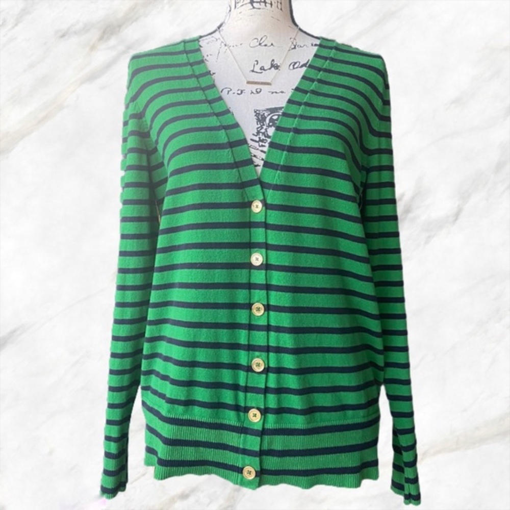 Michael Kors Green and Black Striped Button Down Long Sleeve Cardigan Large